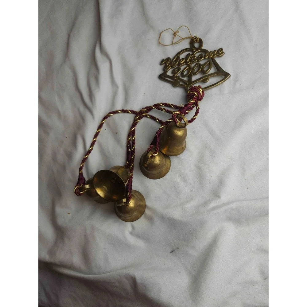Vintage Brass Welcome 2000 Hanging Bells Maroon Gold Cord Classic Timeless